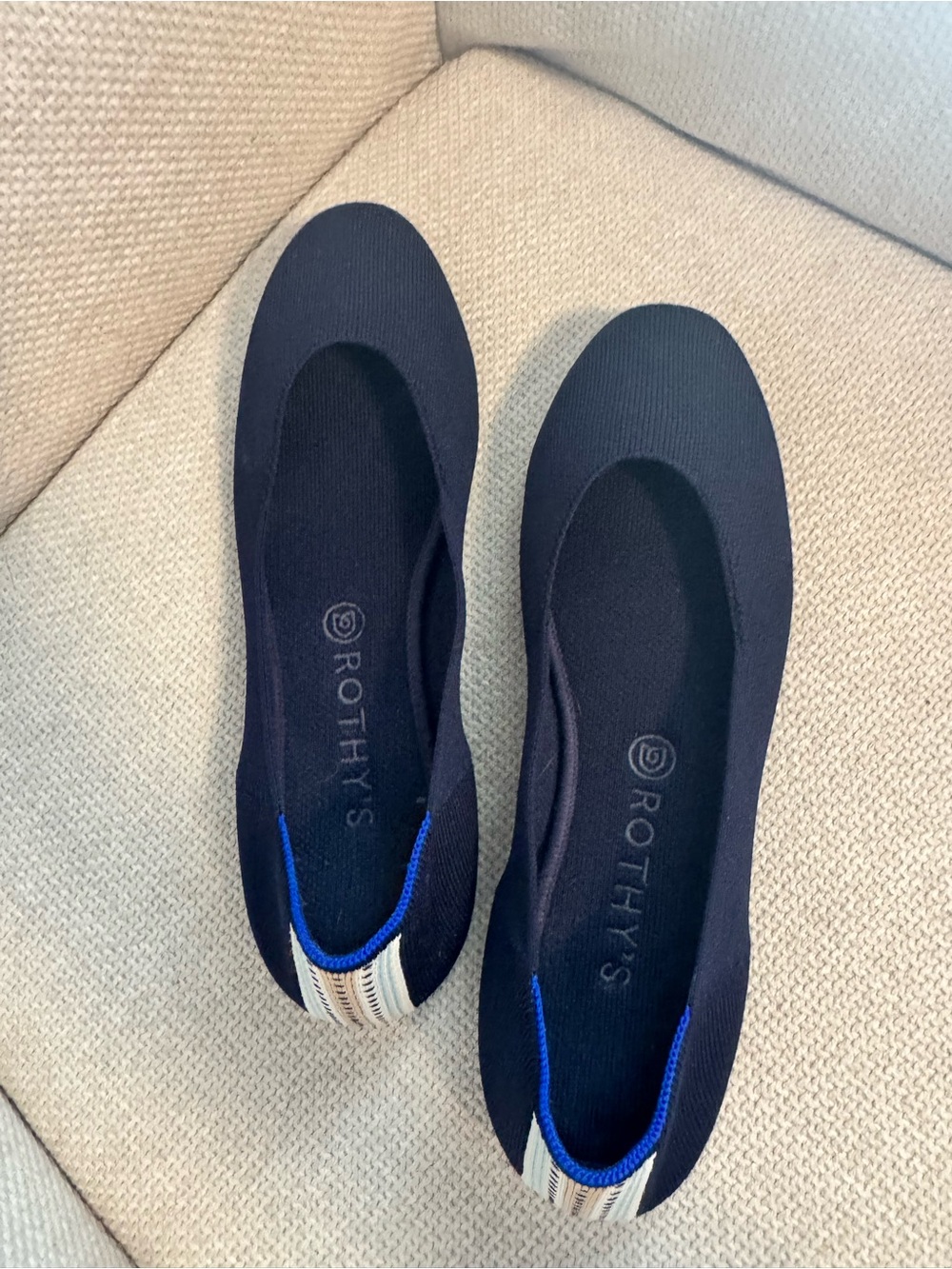 Rothy's EUC Navy The Square Knit Ballet Flats with signature boho heel stripe